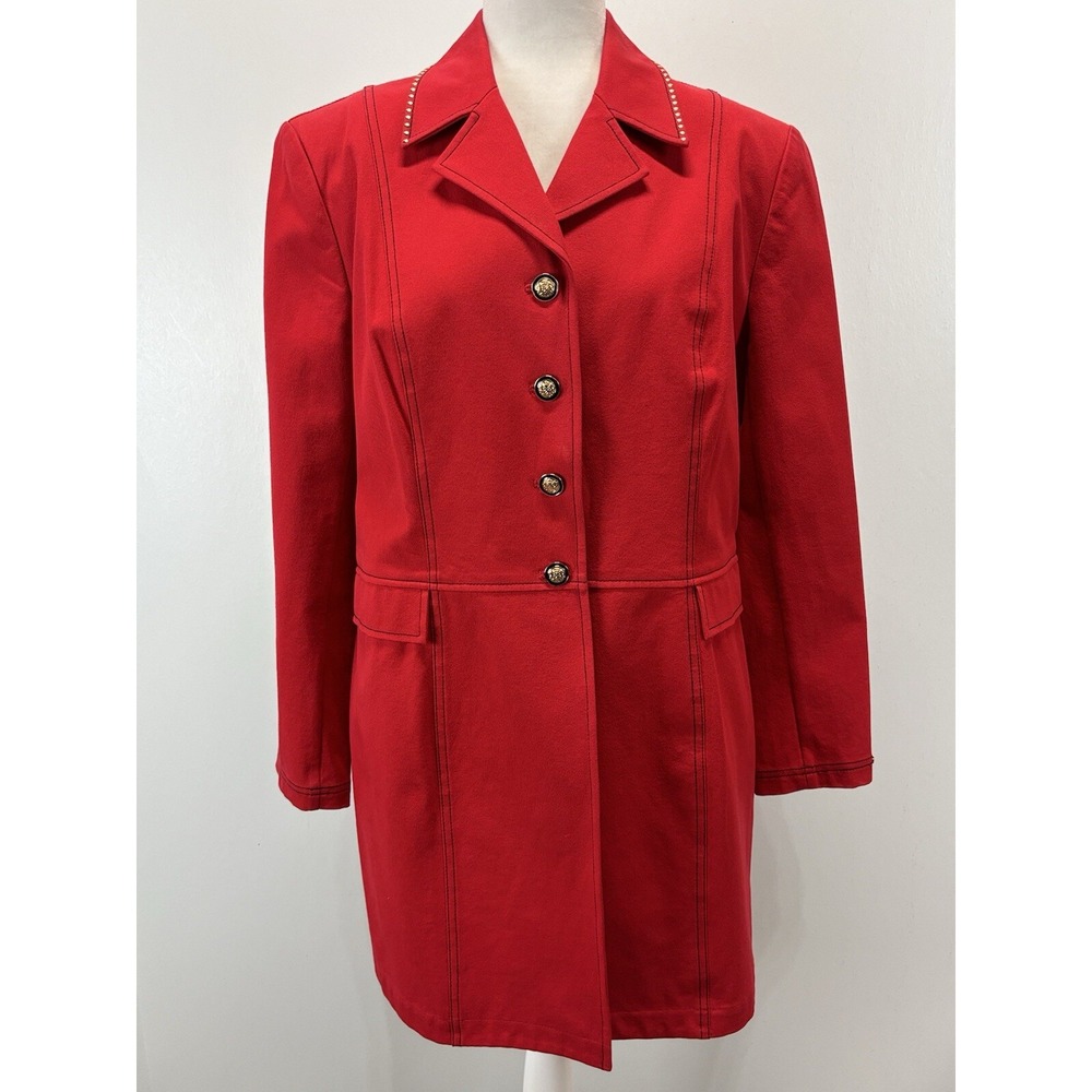 Vtg St. John Sport Red Mid Length coat Jacket Sz Large Women's Red Gold Accents